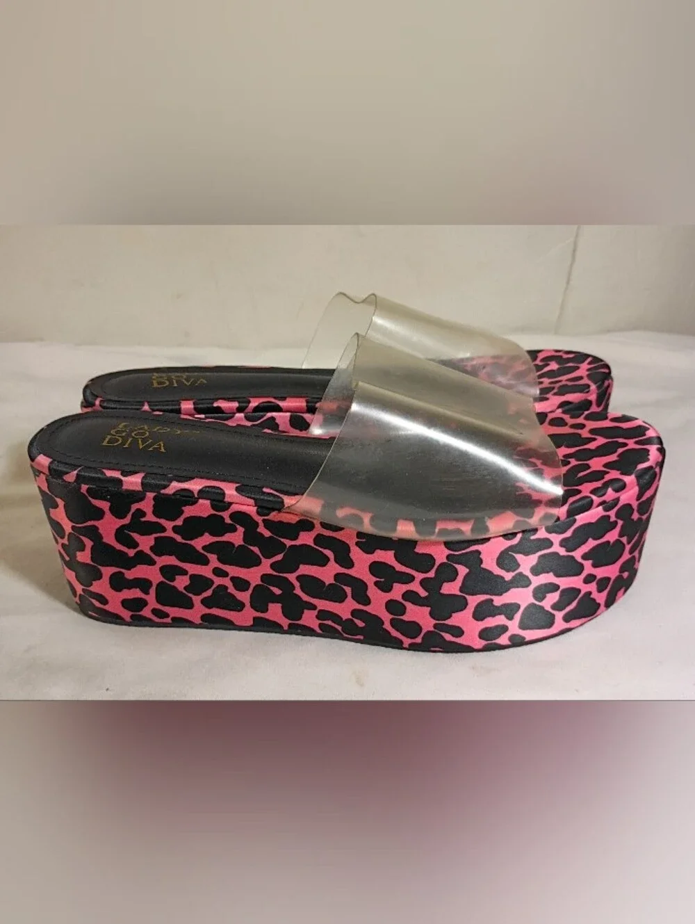 Lady Go Diva Vintage Pink Cheetah Print Flatform Wedge Sandals Clear Upper 6.5